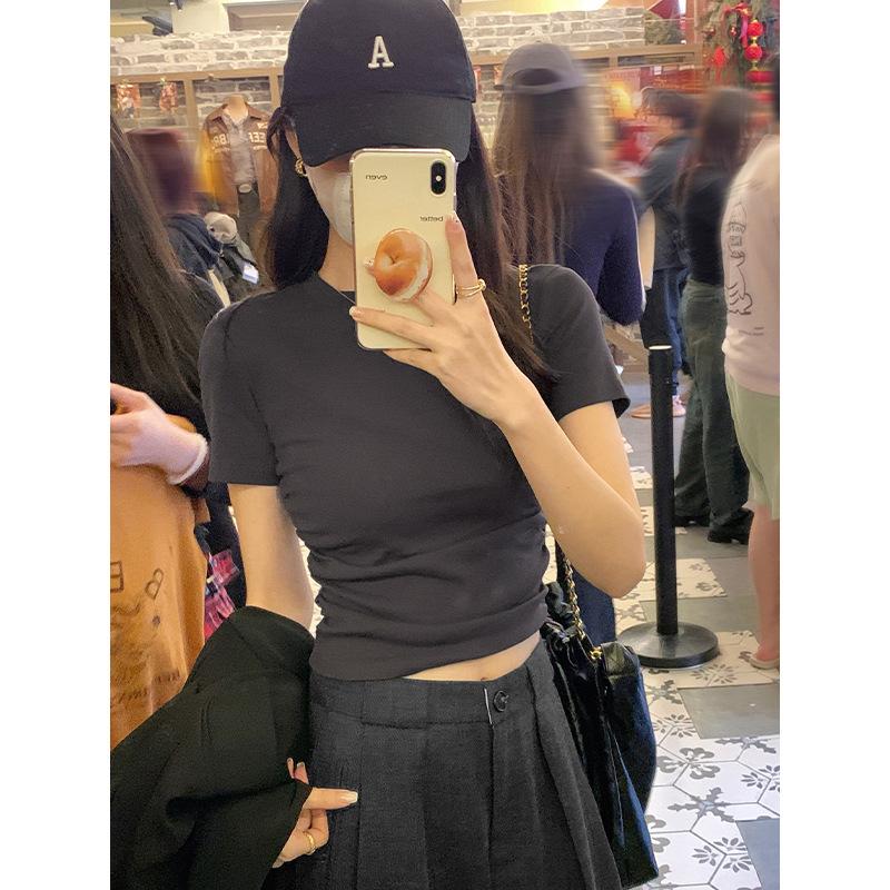 

Женская летняя футболка с короткими рукавами и положительными плечами, узкая талия, узкие короткие топы XL темно серый