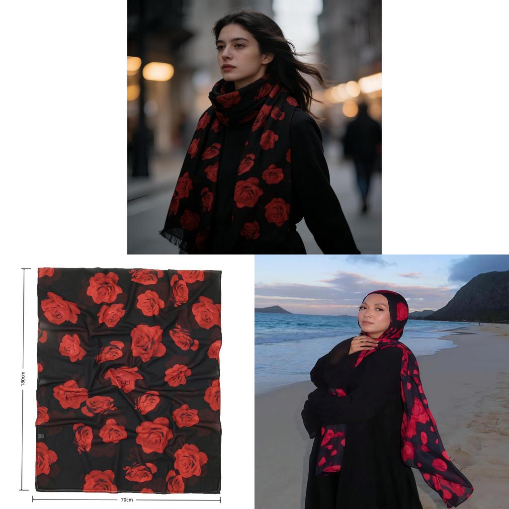 Rose Flower Silk Scarf With Breathable And Warmth For Women Fashion Accessory