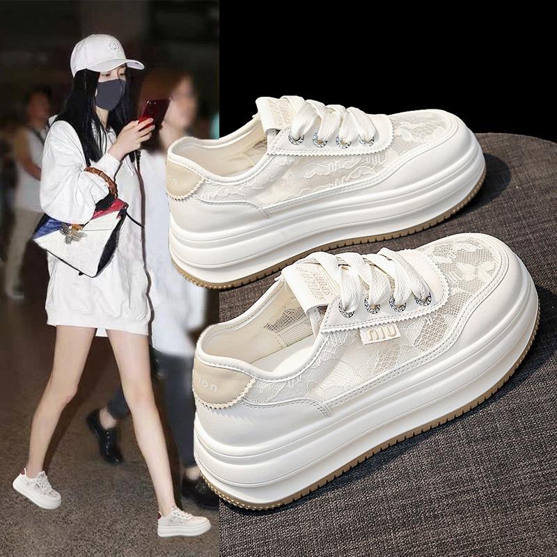 

New little white shoes versatile summer breathable platform shoes women s shoes hollow mesh sports casual board shoes 40 кремовый