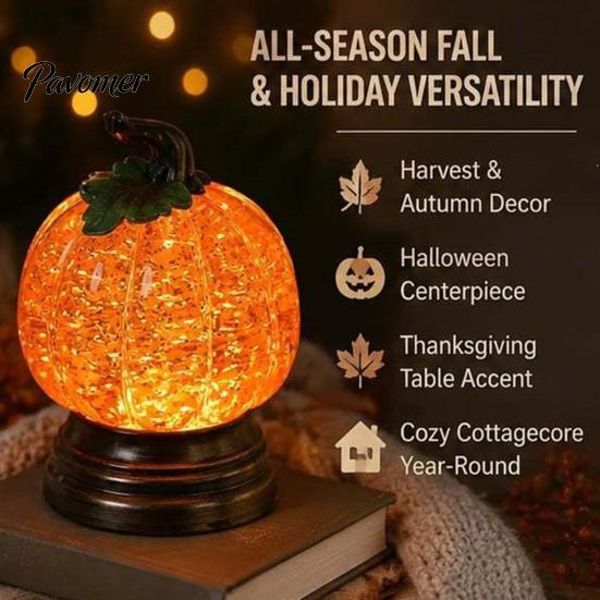 Autumn Home Decor Pumpkin Snow Sphere Lamp, Glitter Lighted Ornament, Fall Table Sparkling Resin Sculpture Centerpiece with Warm LED Lights