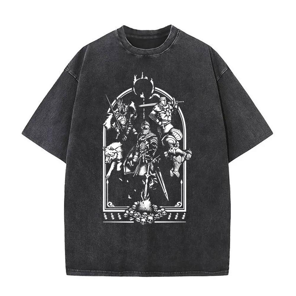 Washed Vintage Game Dark Souls Tshirt Men Women S Retro Gothic Rock Short Sleeve Tshirts Mens Punk Oversized Cotton T Shirt