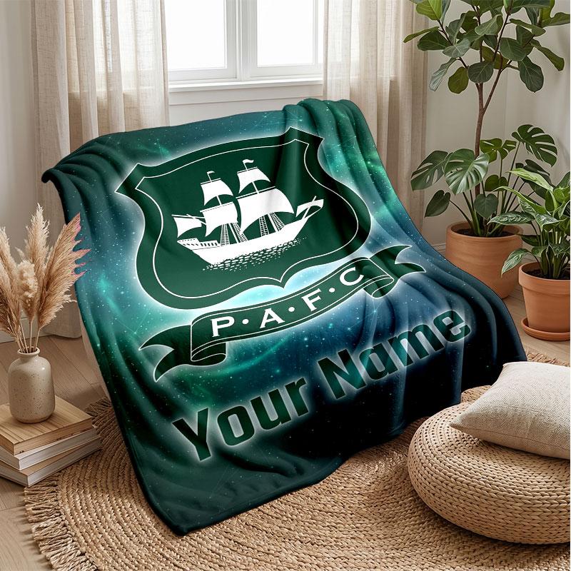 Plymouth Argyle FC Custom Name Text Flannel Blanket Soccer Logo Personalized Fleece Throw Blanket Special Gift For Sofa Bedroom Home