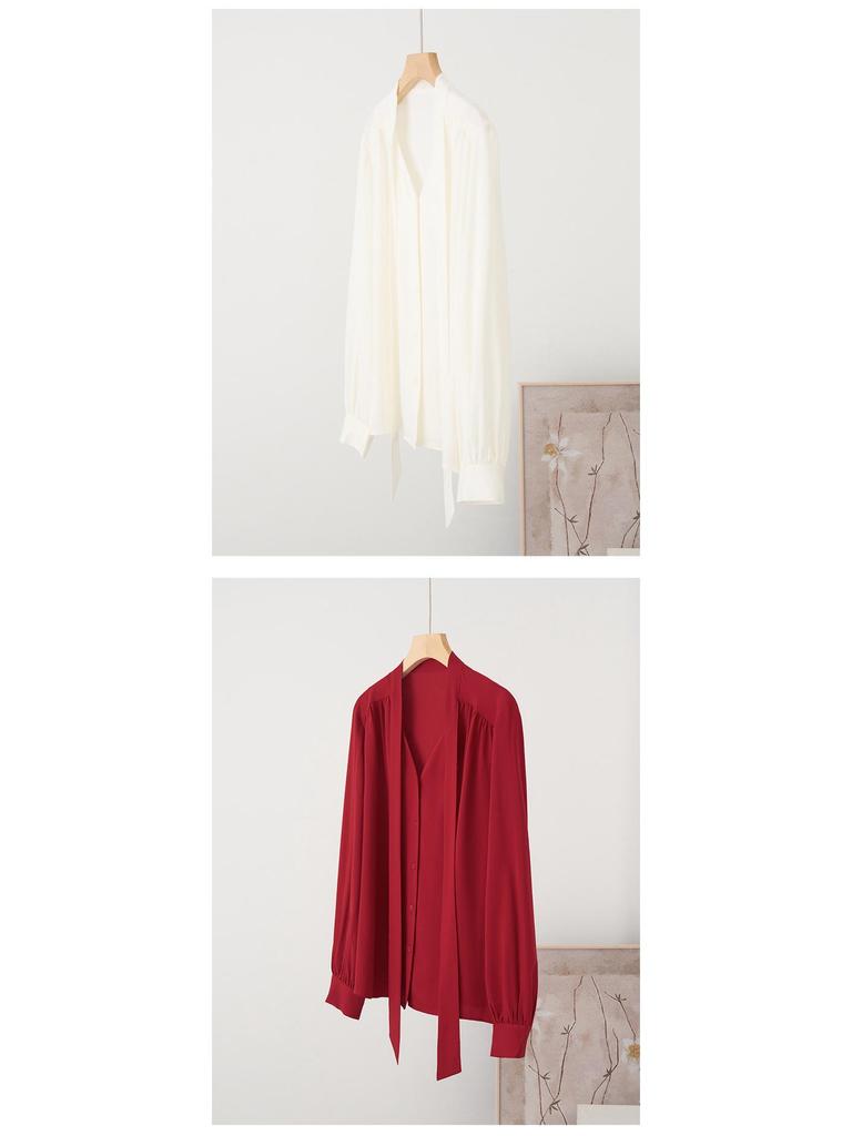Rong Tai Women's Elegant French Ribbon Long Sleeve V-Neck Chic Shirt - Spring 2026 Collection