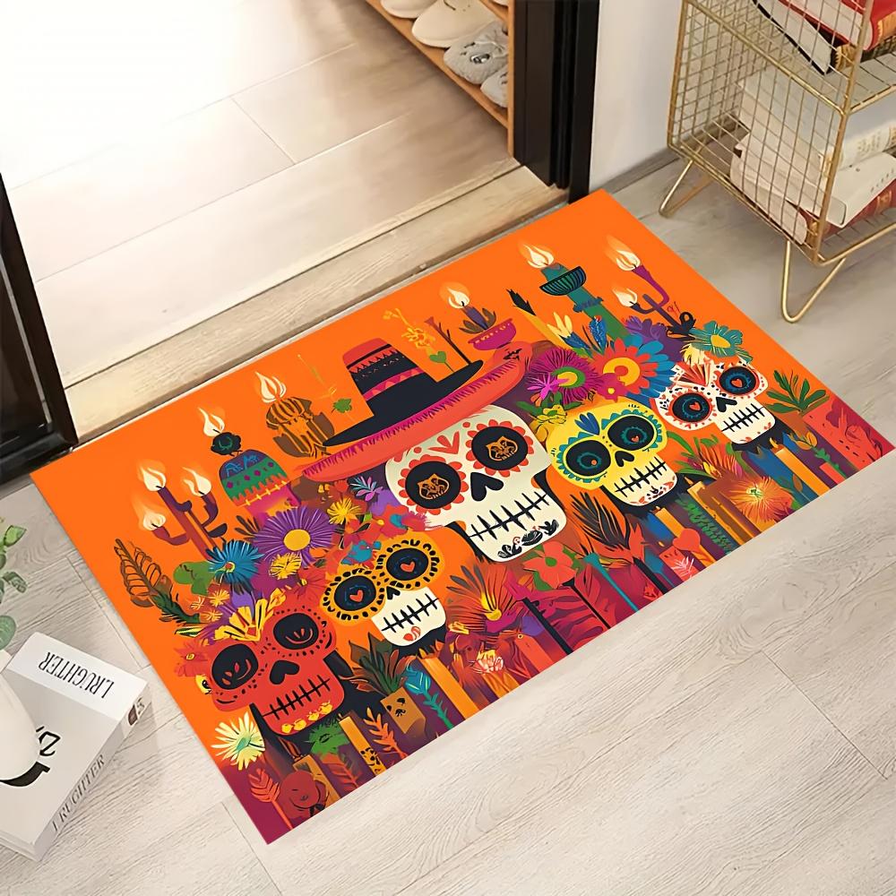 1pc Day of the Dead Inspired Rug – Colorful Skull Design, Festive Mat for Living Room, Entryway Decor Decoration Floor Mat