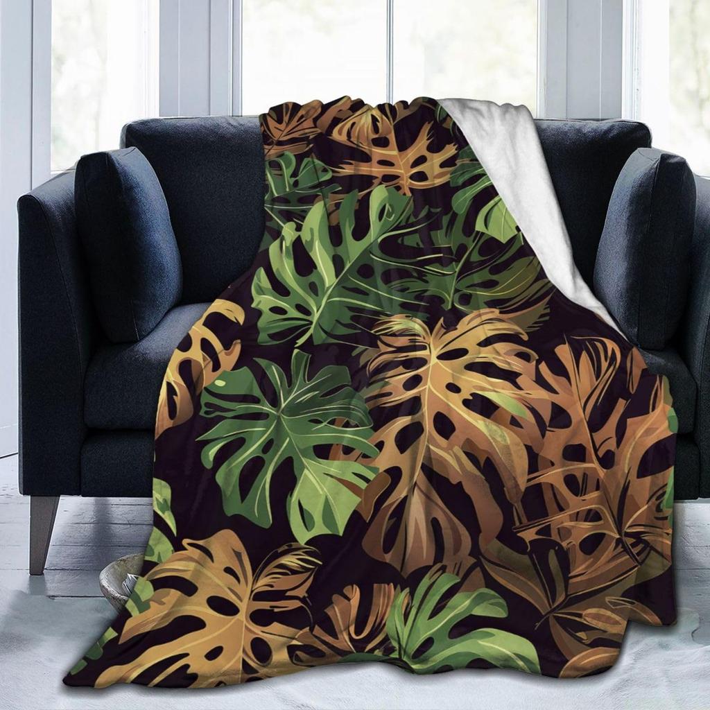 Coperta Plaid Verde Tropicale con Foglie Palma Monstera in Pile per Divano Letto Tema Festivo Accogliente Morbida Coperta Decorativa Regalo Caldo