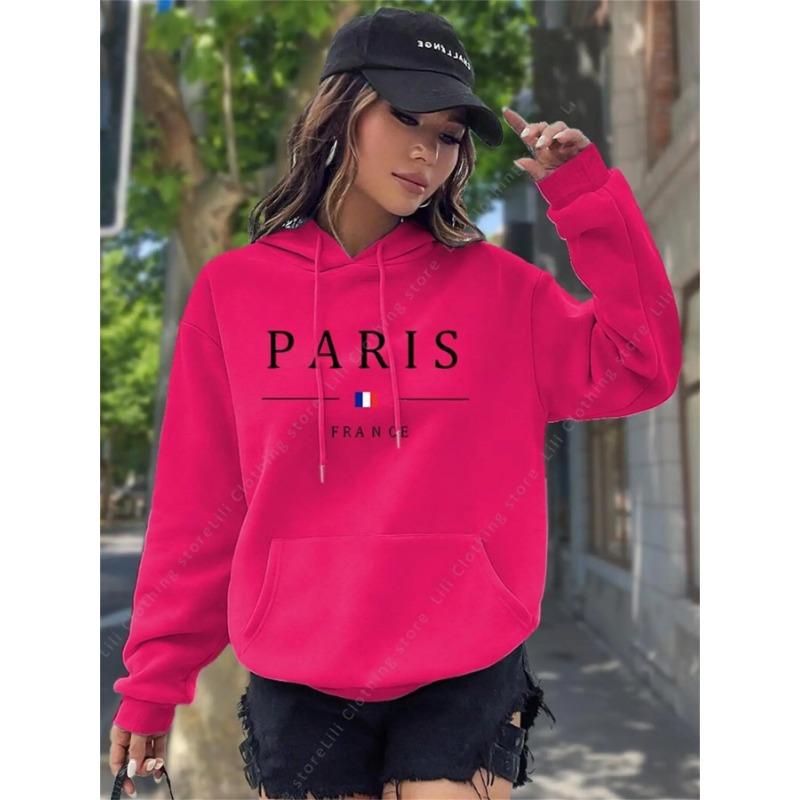 PARIS Graphic Letter Hoodies Women's Hooded Sweatshirt Pullover Top Aesthetic Y2K Street Sport Clothing Woman Hoodie PINK BLACK