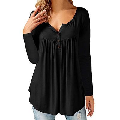 Solid Color V-neck Irregular Autumn and Winter T-shirt Women's Long Sleeved Pleated Button Top