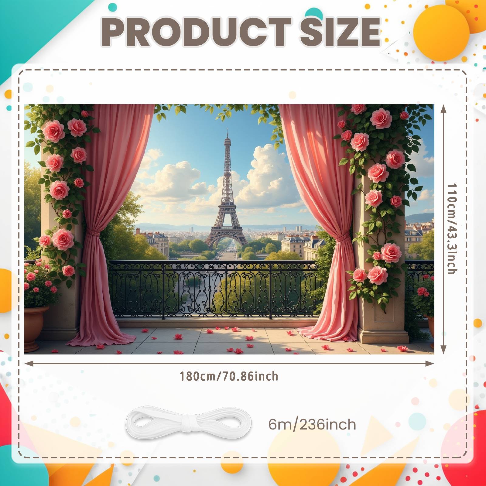 

Romantic Rose Banner Balcony Scene Paris Landscape Backdrop Floral Decor Banner Green Vine Eiffel Tower Backdrop For Wedding
