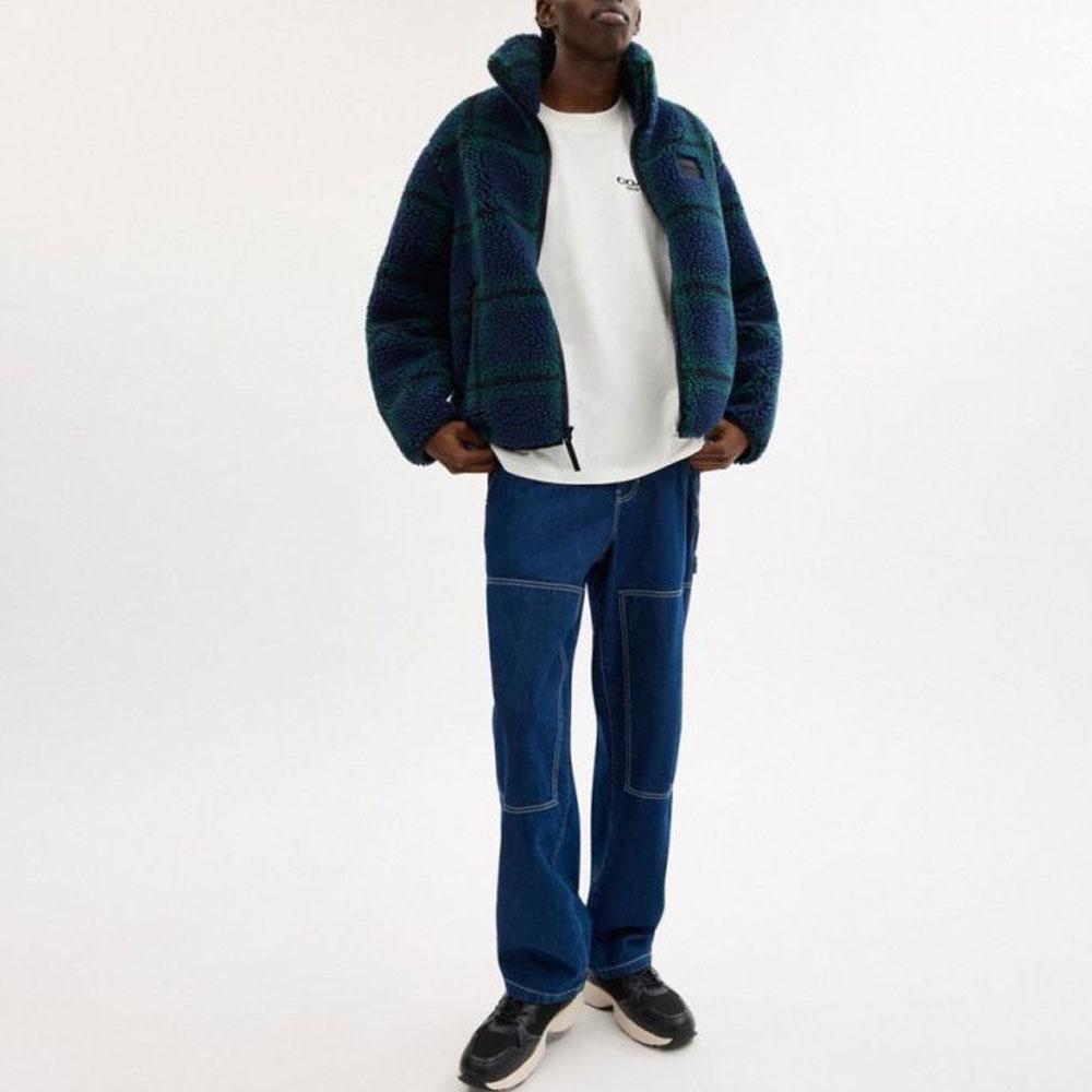 Coach Imitation Lamb Fleece Zipper Plaid Jacket Men Jacket Dark-Green CW688-P9F