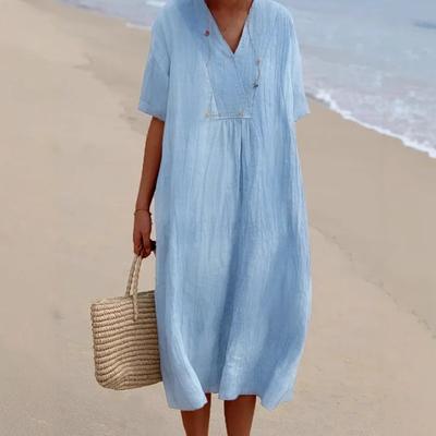 Womens Cotton Linen V Neck Half Sleeve Dress Solid Color Casual Loose Midi Dress