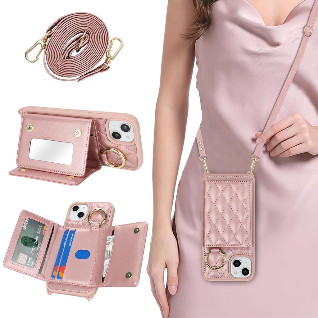 For iPhone 15 Plus/14 Plus Case with Lanyard/Mirror/Card Holder Grids Pattern RFID Blocking Phone Cover