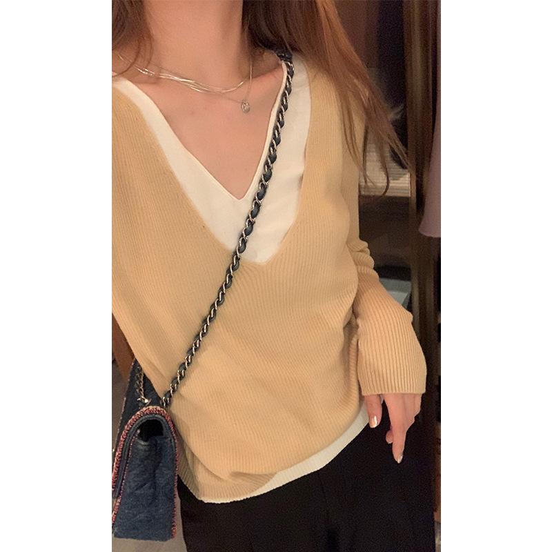 

GMXIA Gentle Wind Design Sense Fake Two V-образный вырез Трикотаж Женский осенний топ с низом Женские свитера One size