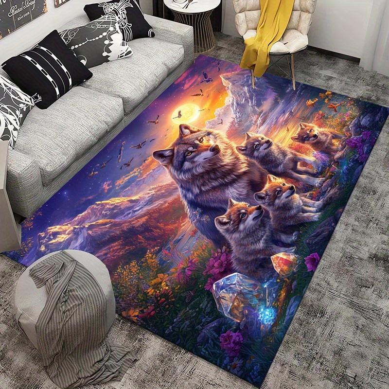 Wolf Pack Sunset Rug for Adventure Lovers - Fantasy Landscape Floor Mat, Wildlife Themed Home Decor Skid resistant carpet