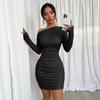 2025 European and American Fashion and Sexy Pleated Slim-fitting Long-sleeved Hip-wrapped Diagonal Neck Solid Color Dress Women's Clothing