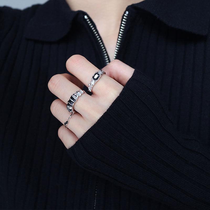 Black Zircon Ring Female Retro Fashion Personality Dark Wind Irregular Stacking Wearing Open Index Finger Ring