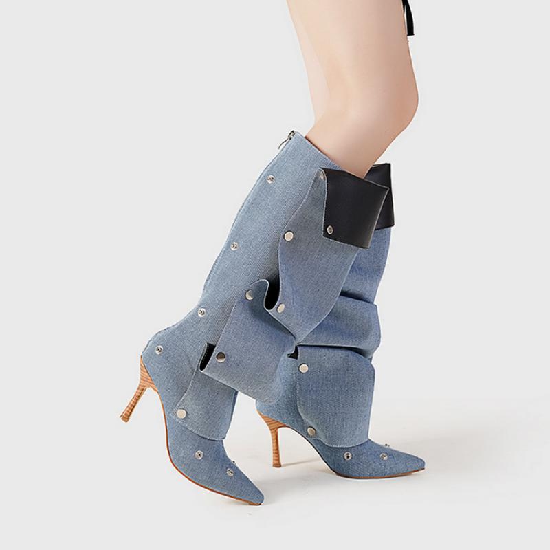 Fashion FHC 2024 New Women Knee High Boots, Denim Long Botas,Spring/Autumn Fashion Rivets Shoes,Pointed Toe,Black White,Brown,Dropship