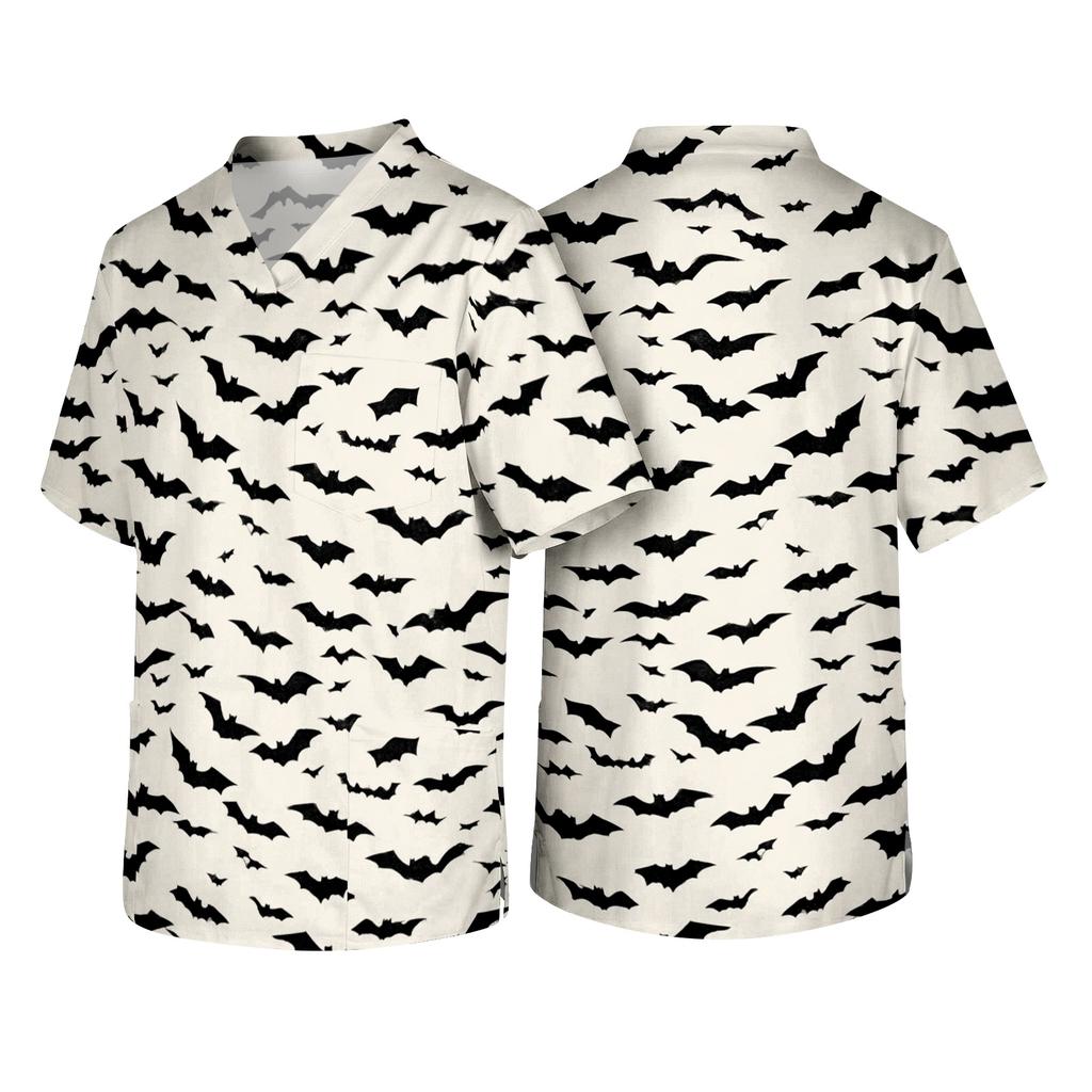 Mens Short Sleeve V Neck Halloween Print Chest Pocket Scrub Top Comfortable Fit Uniform Shirt for Work or Casual Wear