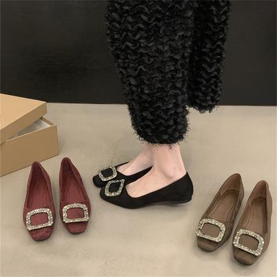 Temperament Single Shoes Round Head Shallow Mouth Women's Shoes Spring Rhinestone Square Buckle Soft Flat Bottom French Style with Skirt Ladle Shoes