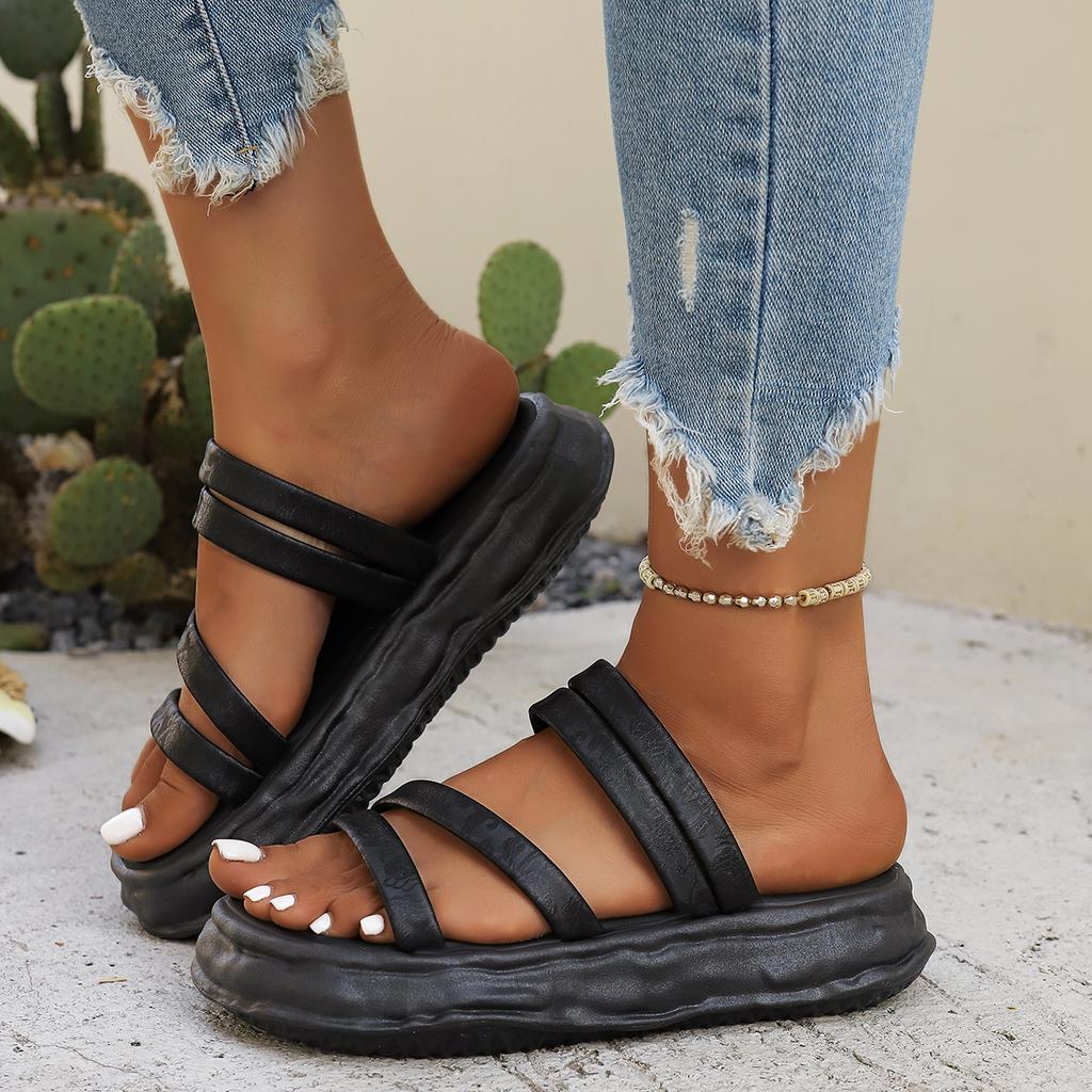 Casual Soft Sole Thick Bottom Outdoor Slippers Women Summer Narrow Band Medium Heel Slides Round Toe Non Slip Beach Slippers