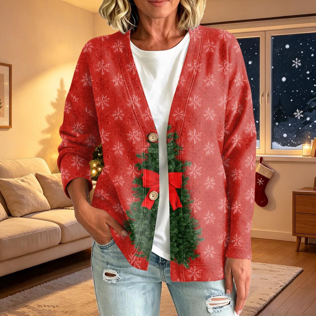 Women's Casual Christmas Print Button Jacket, Outerwear for Holiday Parties and Daily Wear