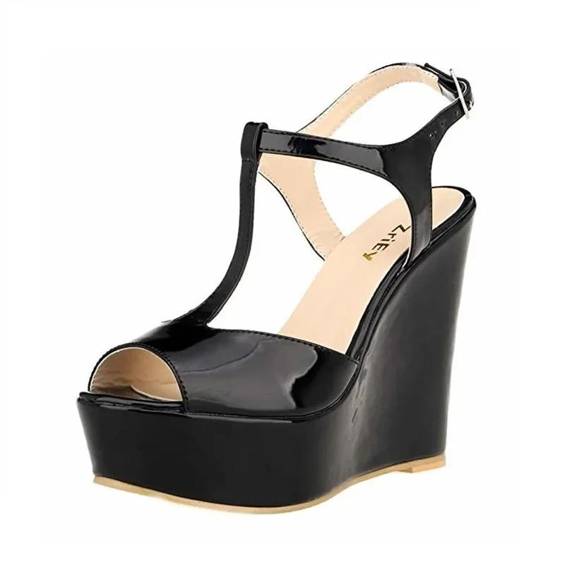 Damesandaler med kilehæl 14 cm Åpen tå Sexy Klubb Ankelstropp Høye hæler Lakkskinn Plattformpumps Kjole Rød Selskap Bryllupssko