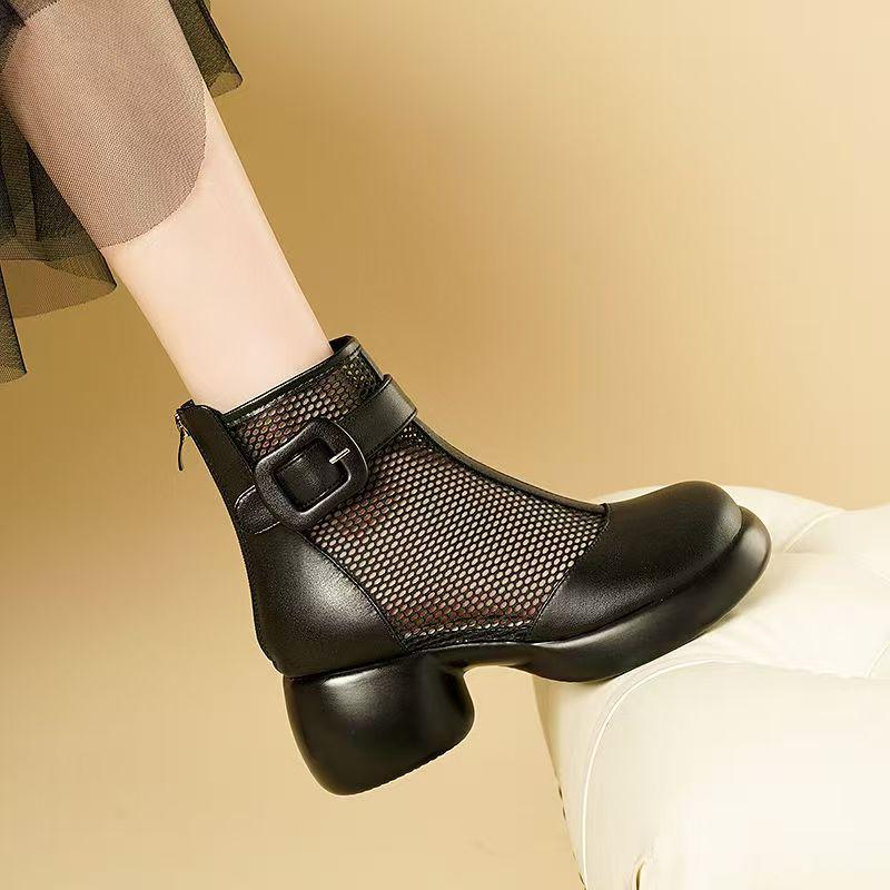 Women's Block Heel Mesh Ankle Cool Boots Spring Summers New Thick Sole Non Slip Breathable High Top Round Toe Zippers Sandals