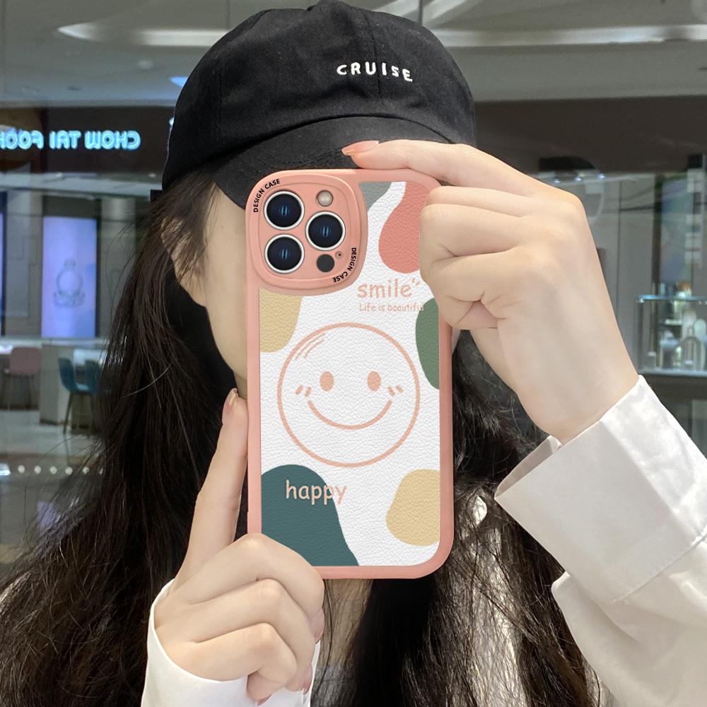 Slim Skin Feeling Cartoon Happy Smile Soft Silicone PU Leather Cover Phone Case for iPhone Samsung Huawei Honor Xiaomi Redmi OPPO Realme Vivo