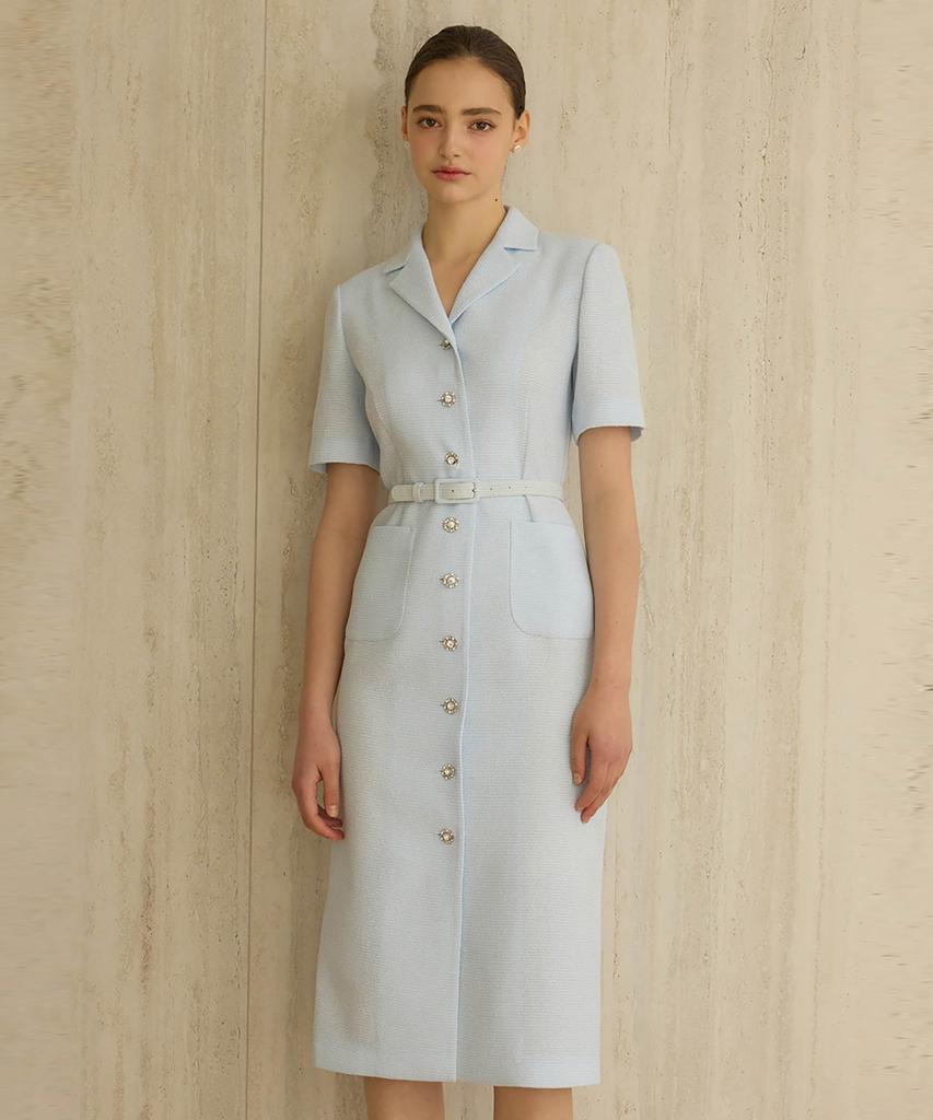 JULIY&CALLA 25Hs Collar 120 Terroir Line Queen Long Tweed Dress Sky Blue