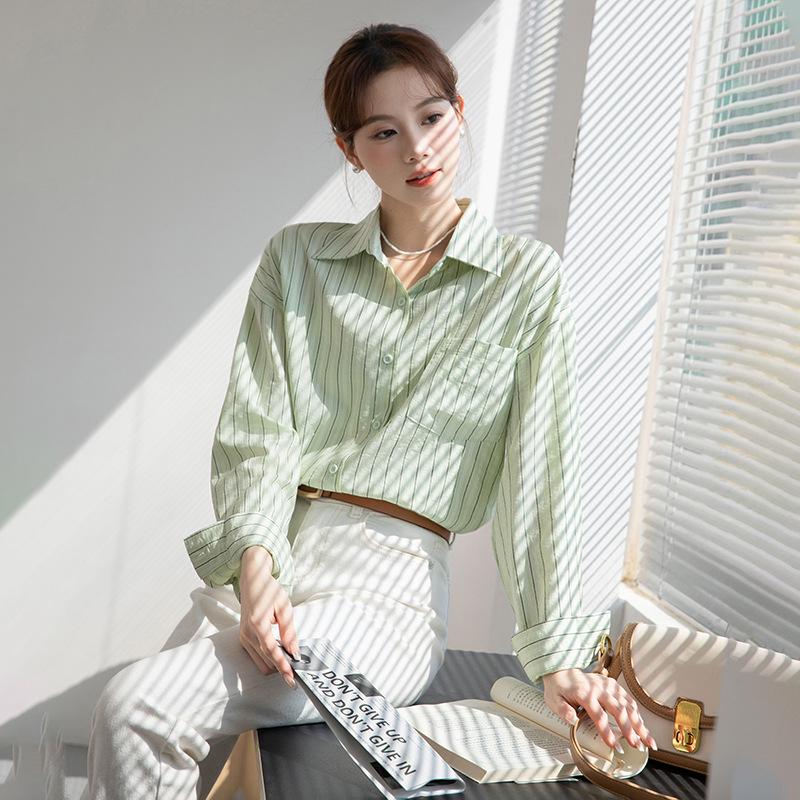 Women s 2025 Spring Striped Loose-Fit Blouse: Elegant, Versatile & Chic Medium зелёный