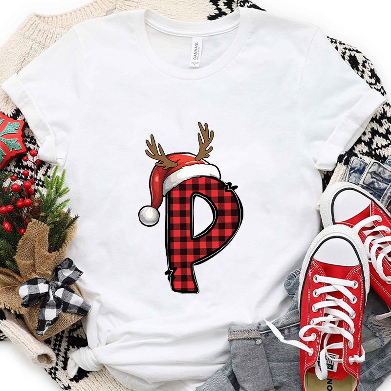 Christmas Alphabet AZ Letter Print Womens Tshirt Santa Graphic Casual Holiday Fashion Top Xmas Party Tees shirt for Women
