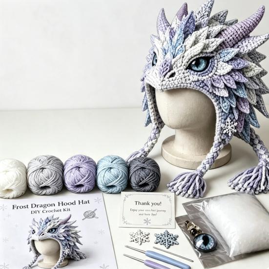Handmade Yarn Crafts Animal Hood Hat Crochet Kit, DIY Earflap Craft Complete Knitting Materials Cute Crafting Project for Adults Teens, Gift