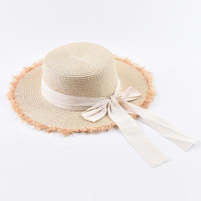 Summer Flat Top Straw Hat For Women Elegant Bow Tie Beach Sun Protection Hat