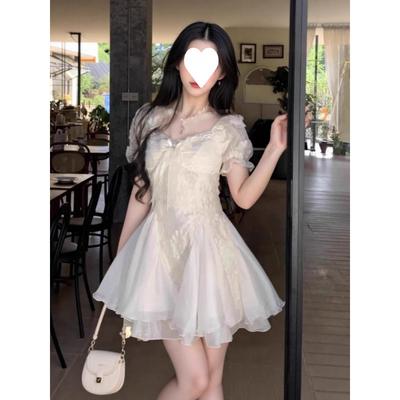 Pure White Moonlight Temperament Fluffy Mesh Splicing Dress Women's Summer French Gentle and Beautiful Small Skirt