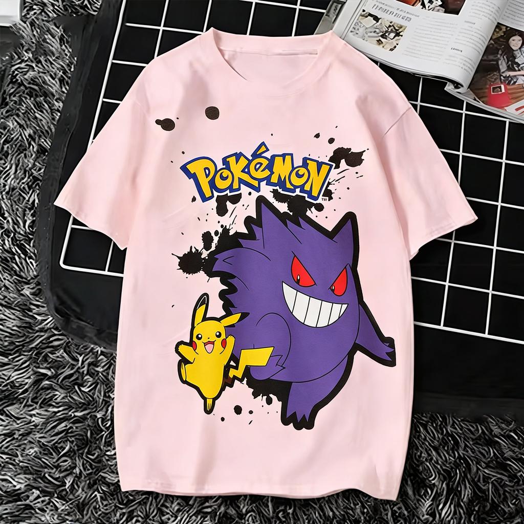 Bandai Pokemon Pikachu Gengar T Shirt Unisex Women Summer Cotton Short Sleeve Tee Anime Print Tops Streetwear Parentchild Clothing