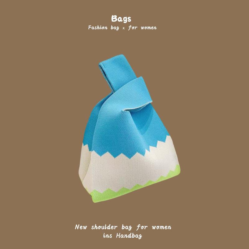 Ins Trendy Handbag Women'S Knitted Wool Bucket Bag Hand Carry Casual Tote Bag Box Lunch Bag