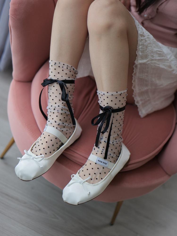 Women Summer Ultra Thin Sexy Black Ribbon Bowknot Polka Dots Enchanting Stacked Socks Sweet Sheer Tulle Jk Cute Mid Tube Socks