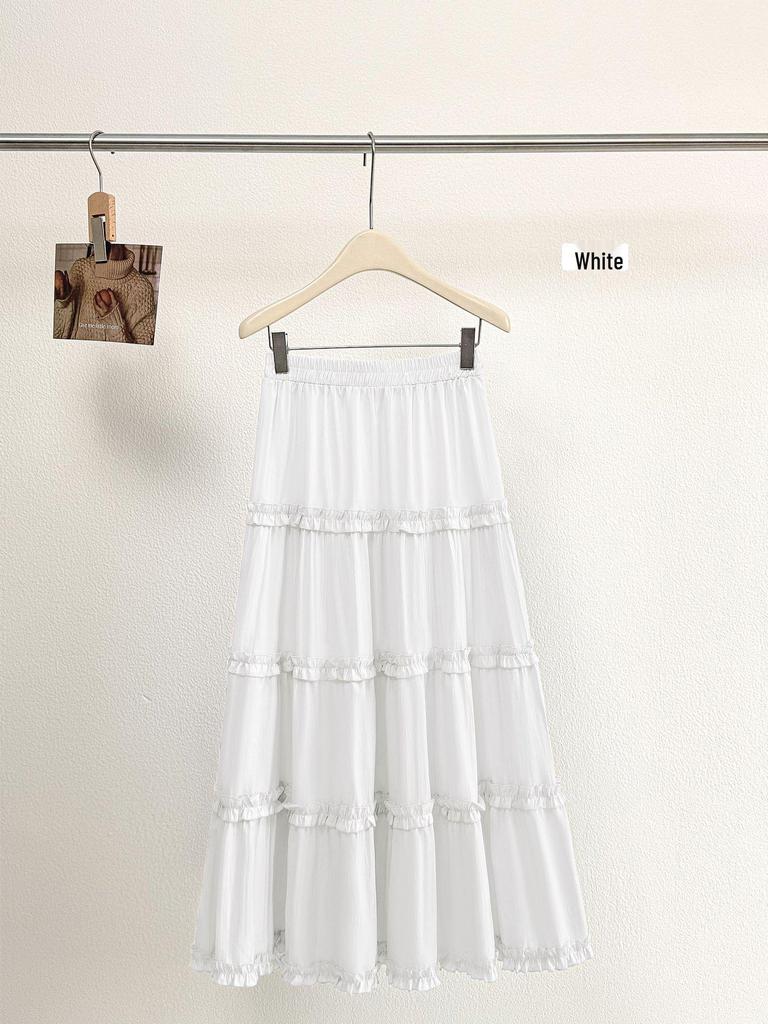 Spring 2026 Sweet Girly Vacation Cake Skirt - Summer Cream Color with Wood Ear Edge