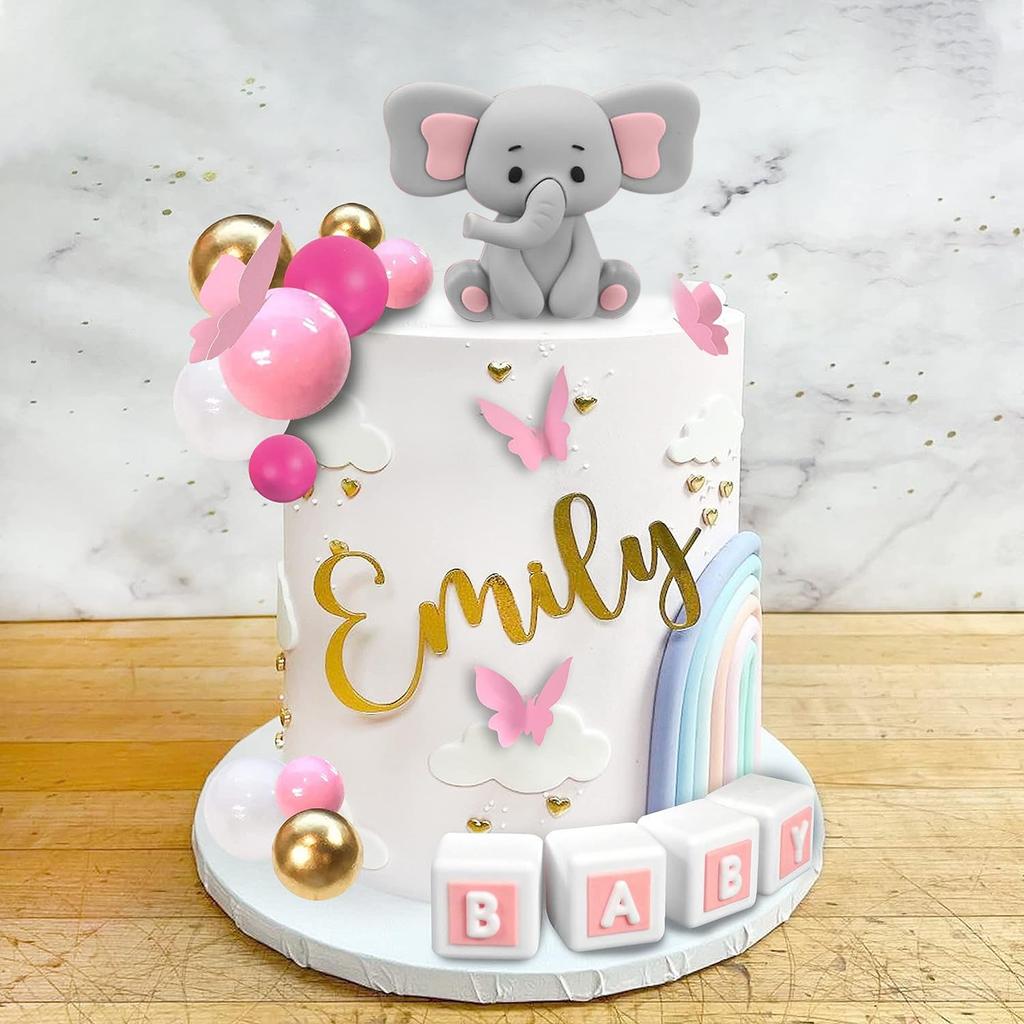 29Pcs Elephant Cake Decoration  Pink BABY Letter Cake Toppers Gold Pink White Ball for Baby Shower Elephant Theme Party Supplies