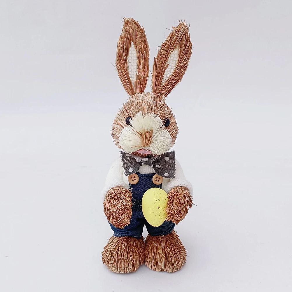 

23cm Yard Party Home Easter Decor Woven Straw Bunny Rabbit Sculpture Statuette Easter Ornament