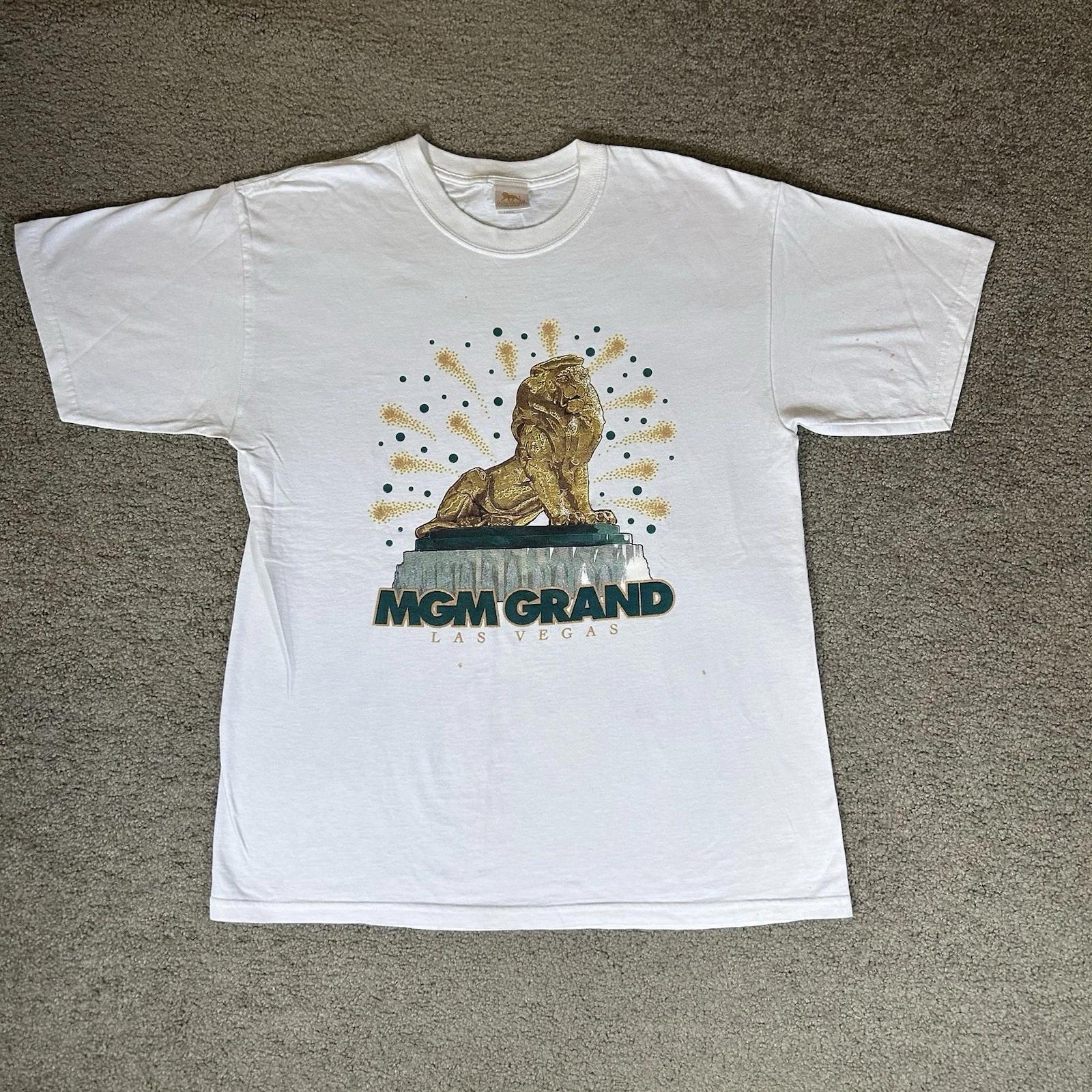 Vintage MGM Grand Casino Hotel Las Vegas Lion Mens L White T-shirt Glitter Deta 4XL