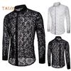Men Sexy Long Sleeve Solid Color Lace See Through Clubwear Buttons Down Shirt