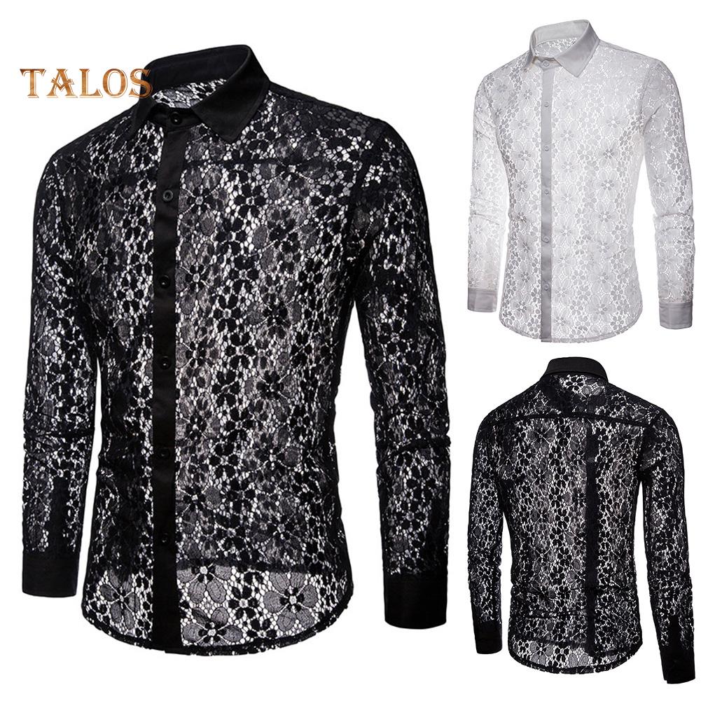 Men Sexy Long Sleeve Solid Color Lace See Through Clubwear Buttons Down Shirt