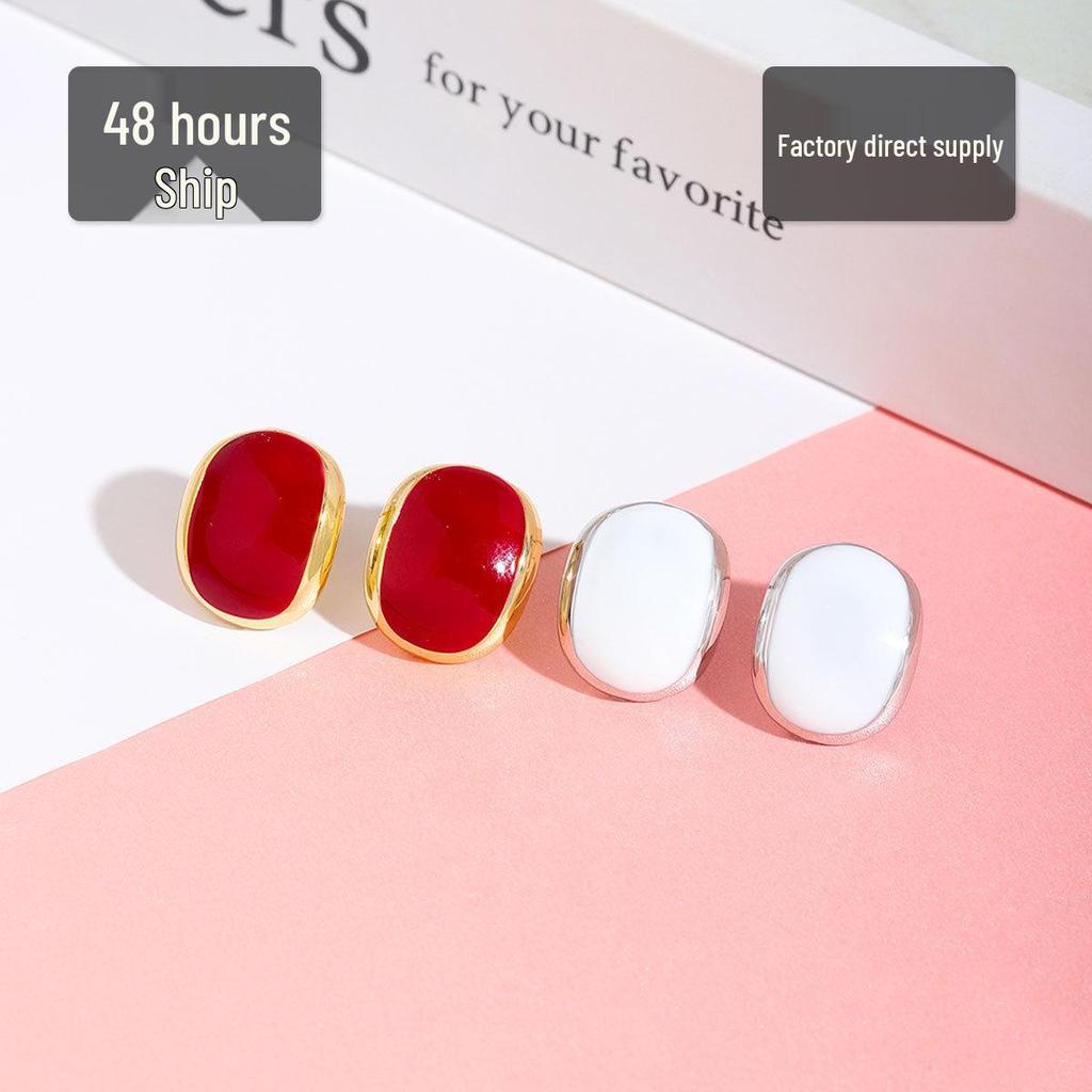 Gold-Plated Red & White Soy Milk Drop Earrings - French Retro Minimalist Oval Design for Women.