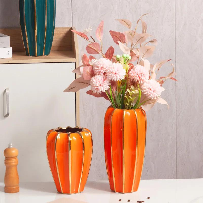 Luxury and High-end Gold Painted Ceramic Vase Flower Arrangement Simulation Living Room Decoration Home Decoration TV Cabin