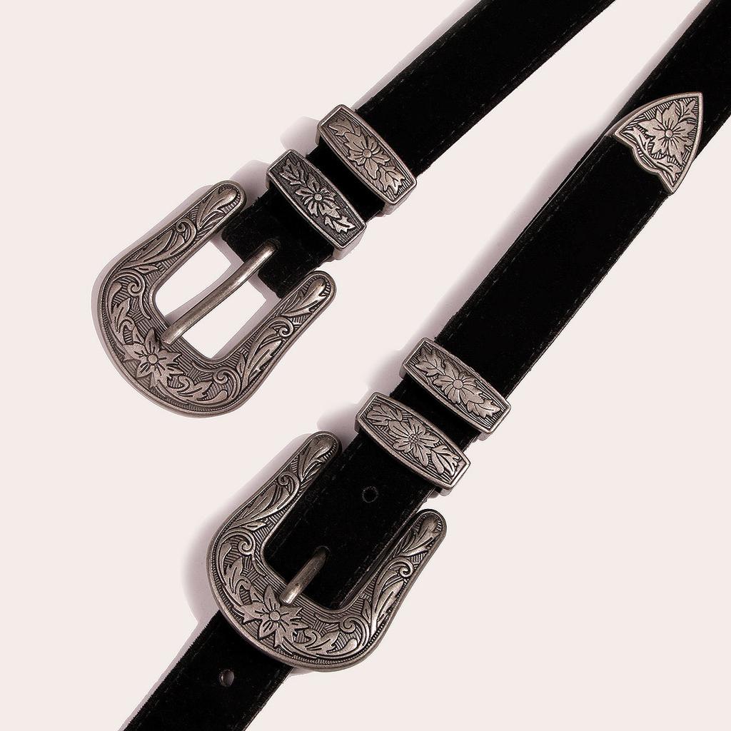 New Women's Western European and American Three-piece Black Deerskin Suede Belt Fashionable and Versatile Retro Carved Belt