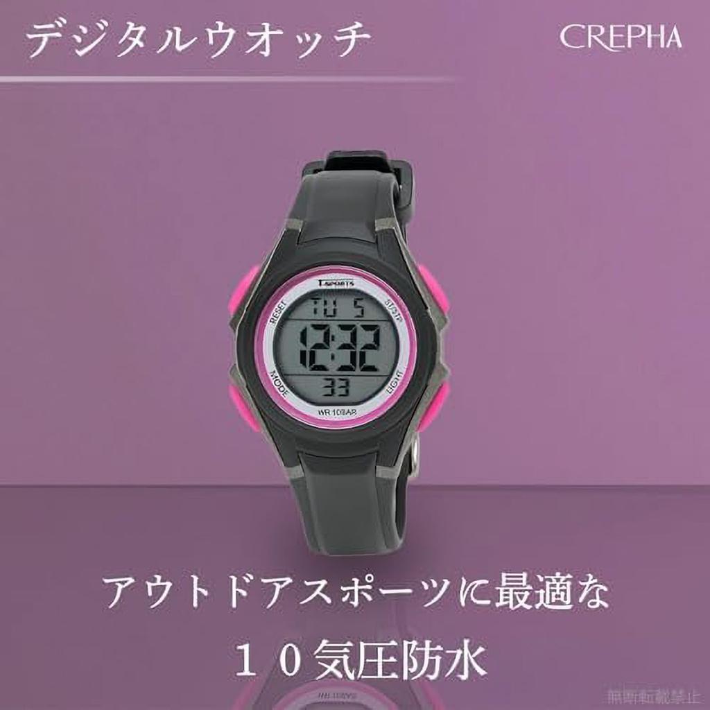 CREPHA Digital Watch Multifunctional Water Resistant Urethane Sports Watch for T-SPORTS (10 ATM) Strap, Women, Black, TS-D318-BK