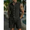Men’s Summer Sleeveless Collared Shirt Set – Plain-Coloured Linen Casual Beach Outfit
