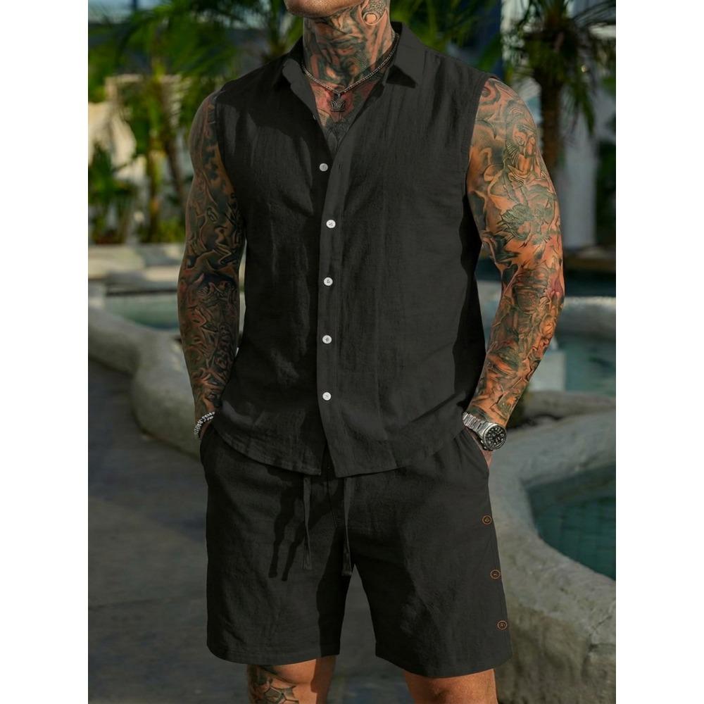 Men’s Summer Sleeveless Collared Shirt Set – Plain-Coloured Linen Casual Beach Outfit
