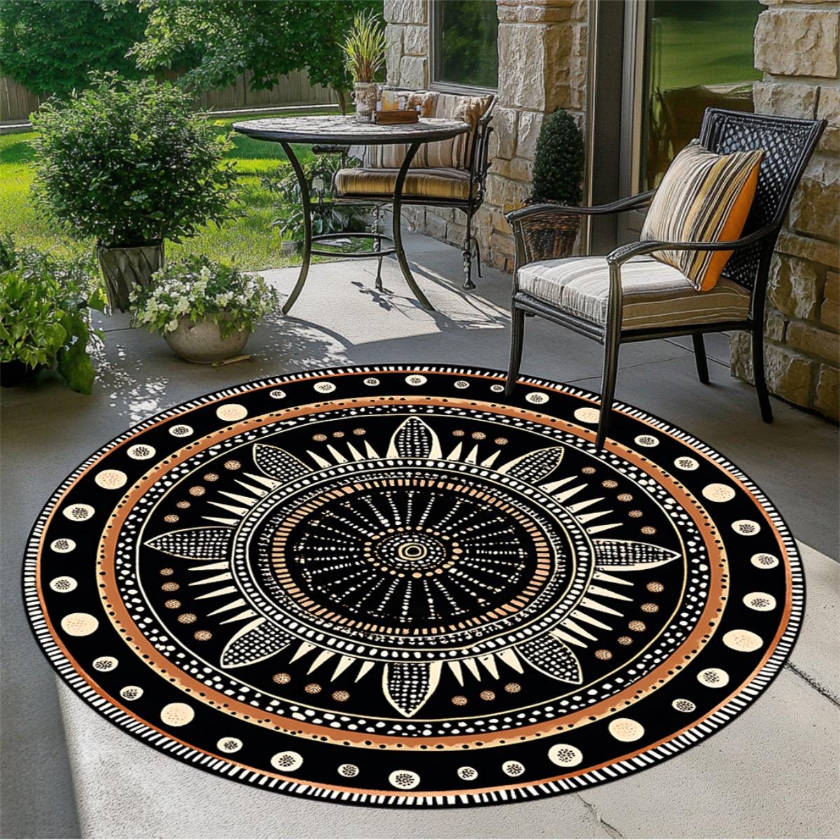 African Geometric Round Rug, Durable Polyester, Fade-Resistant & Washable, Mystical Ethnic Design, for Bedroom/Living Room 60cmx60cm