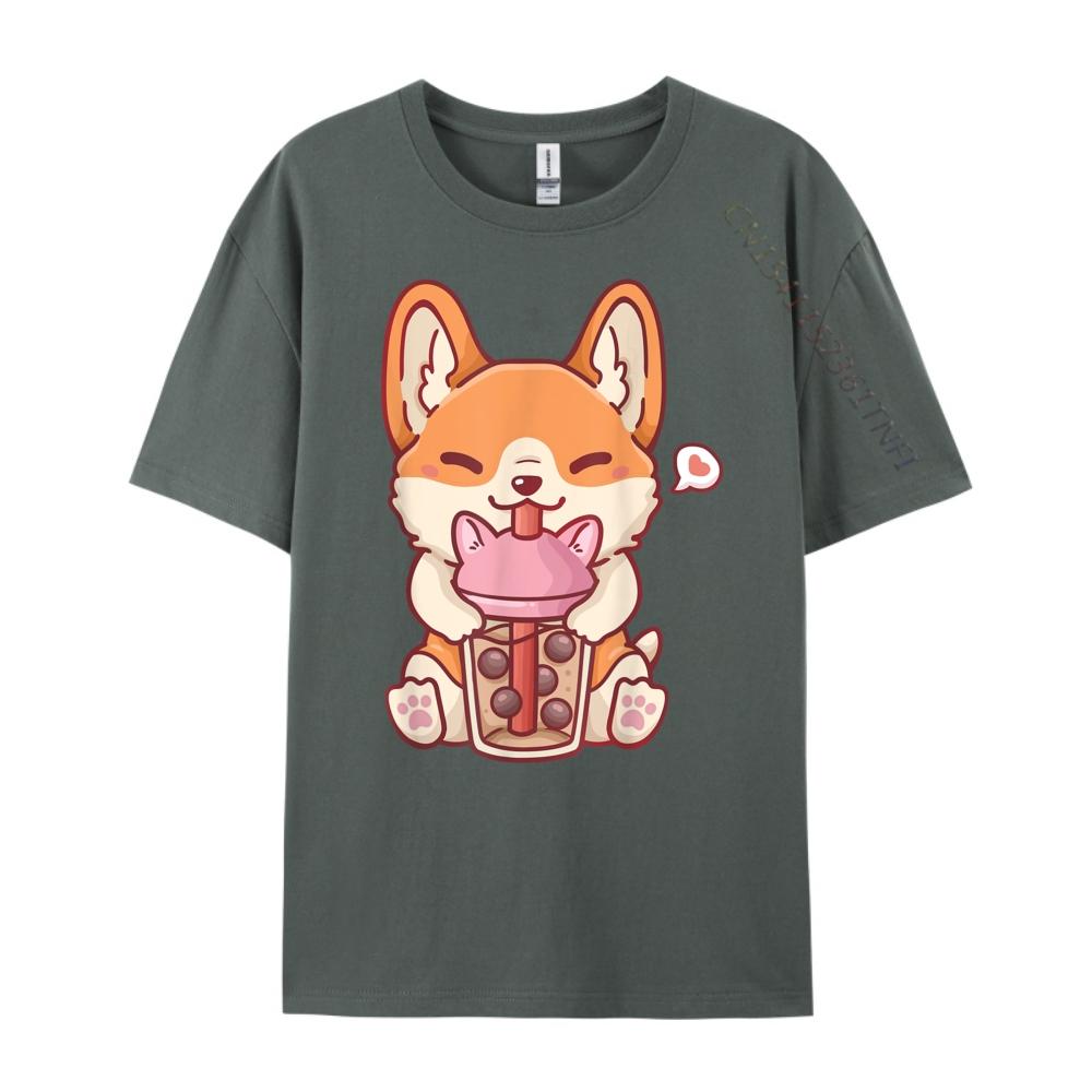 Corgi Boba Tea Bubble Tea Kawaii Corgi Anime Mens Graphic Tshirts TShirts England Style
